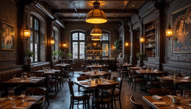 Elegant restaurant dining room with warm ambient lighting