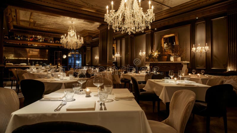 Luxurious fine dining restaurant with ornate chandeliers