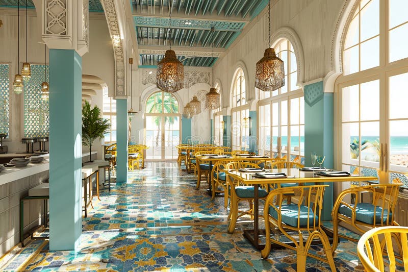 Mediterranean restaurant interior with vibrant mosaic and ocean view