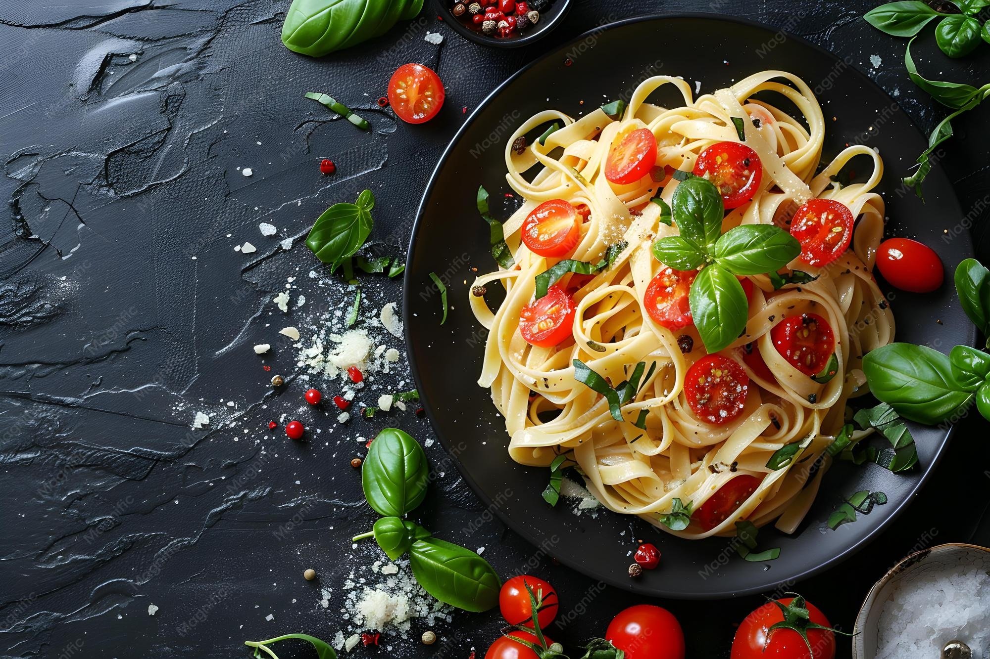 Classic Carbonara with guanciale and pecorino on dark plate