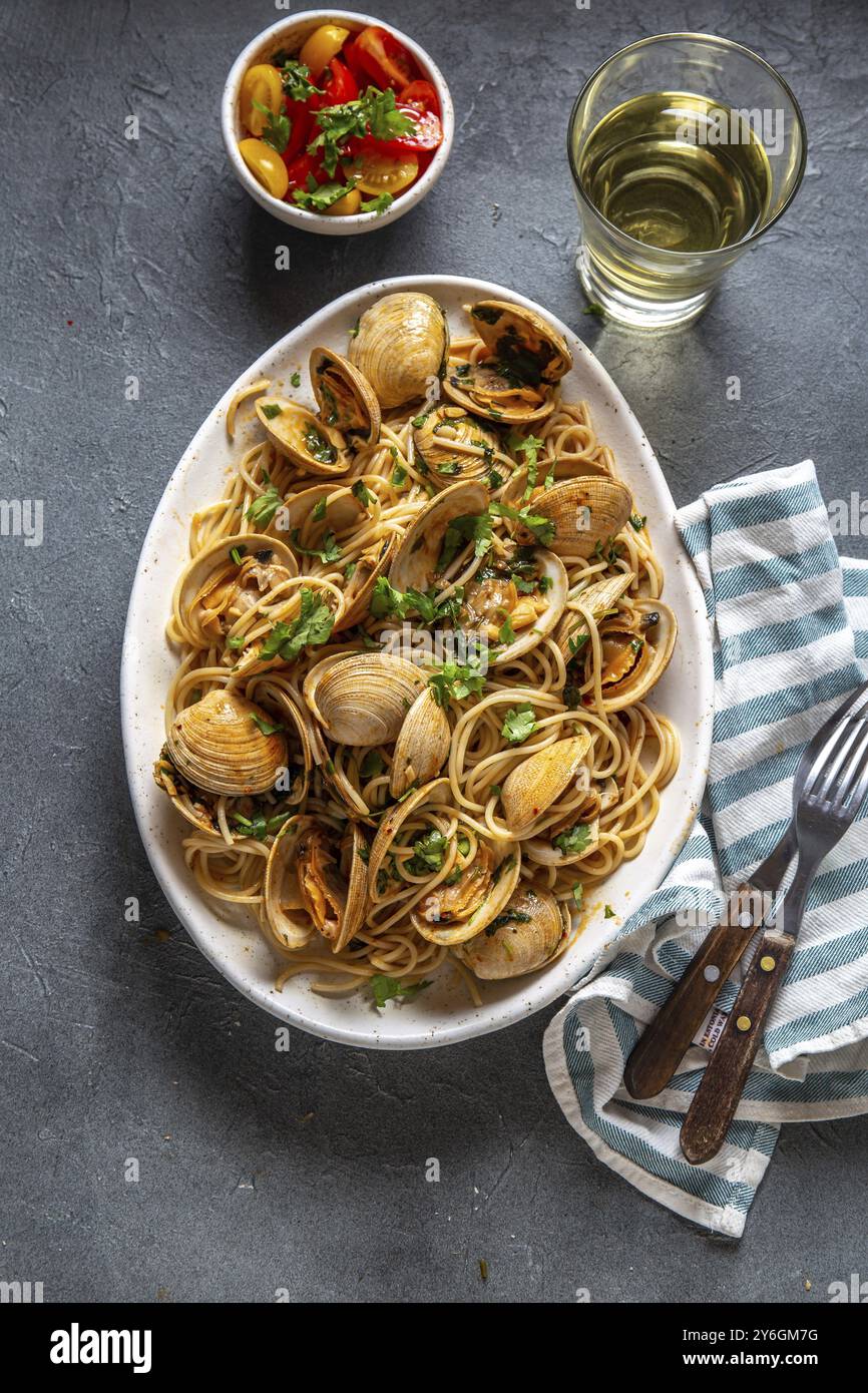 Spaghetti alle Vongole top view on white plate